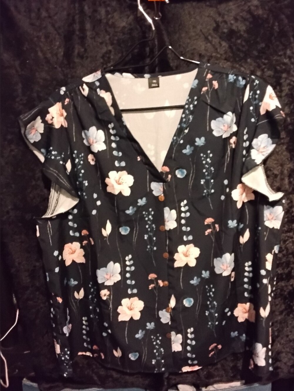 Floral Button-Front V-Neck Women’s Top - Black with Pink & Blue Flowers